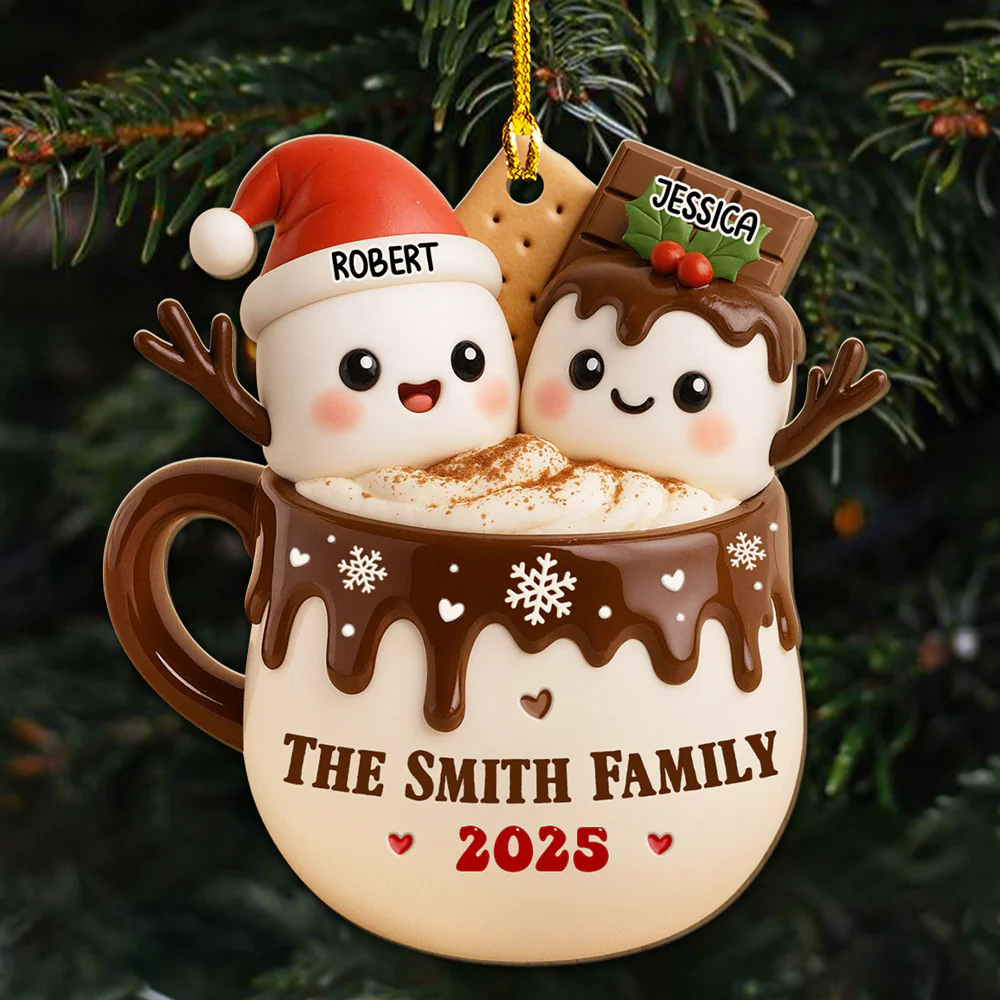 Marshmallow Family Hot Cocoa - Personalized Custom Wood Ornament - Image 2