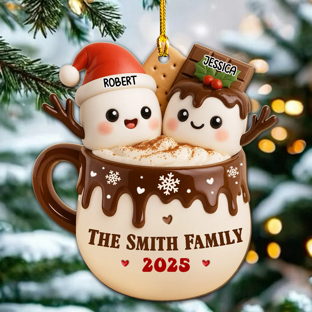 Marshmallow Family Hot Cocoa - Personalized Custom Wood Ornament - Image 3