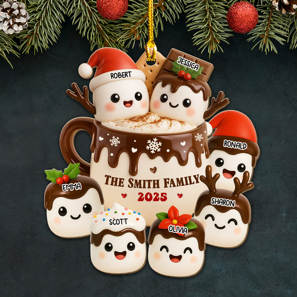 Marshmallow Family Hot Cocoa - Personalized Custom Wood Ornament - Image 4