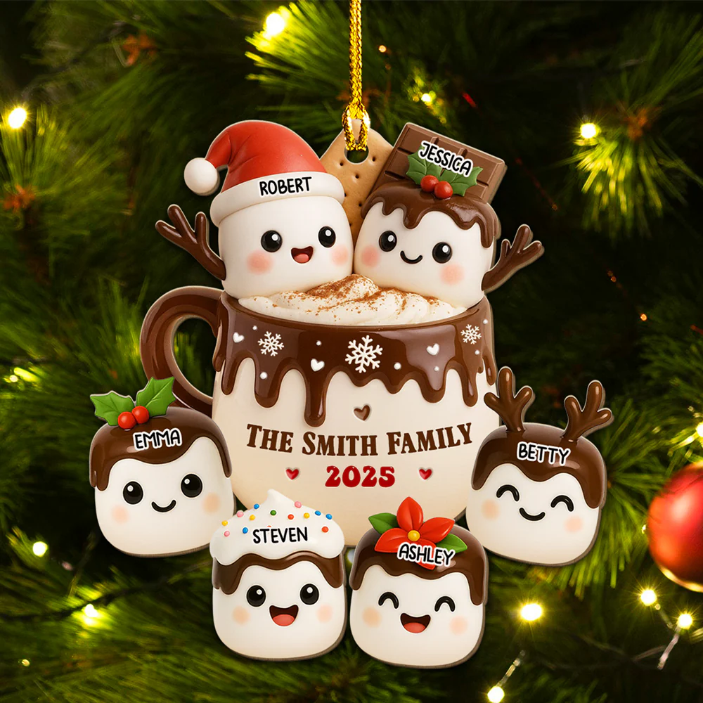 Marshmallow Family Hot Cocoa - Personalized Custom Wood Ornament - Image 6