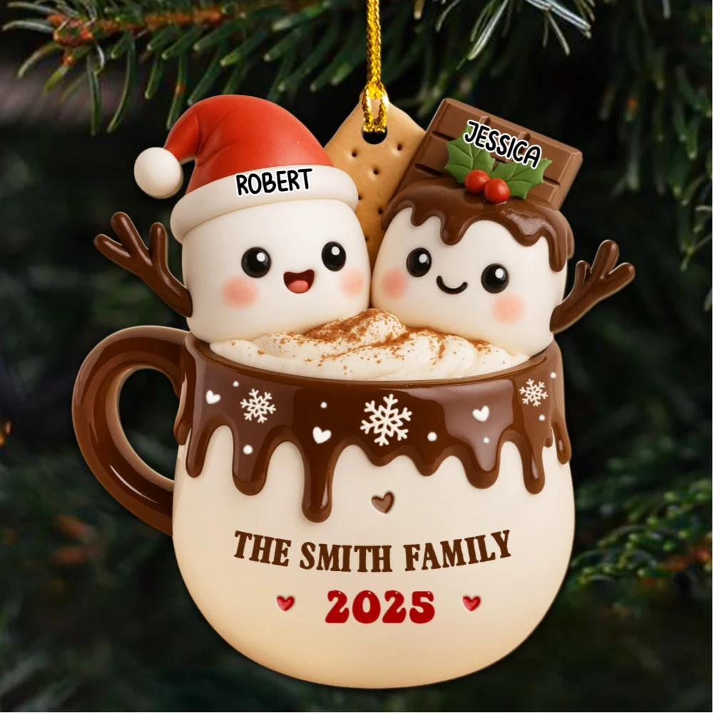Marshmallow Family Hot Cocoa - Personalized Custom Wood Ornament - Image 7