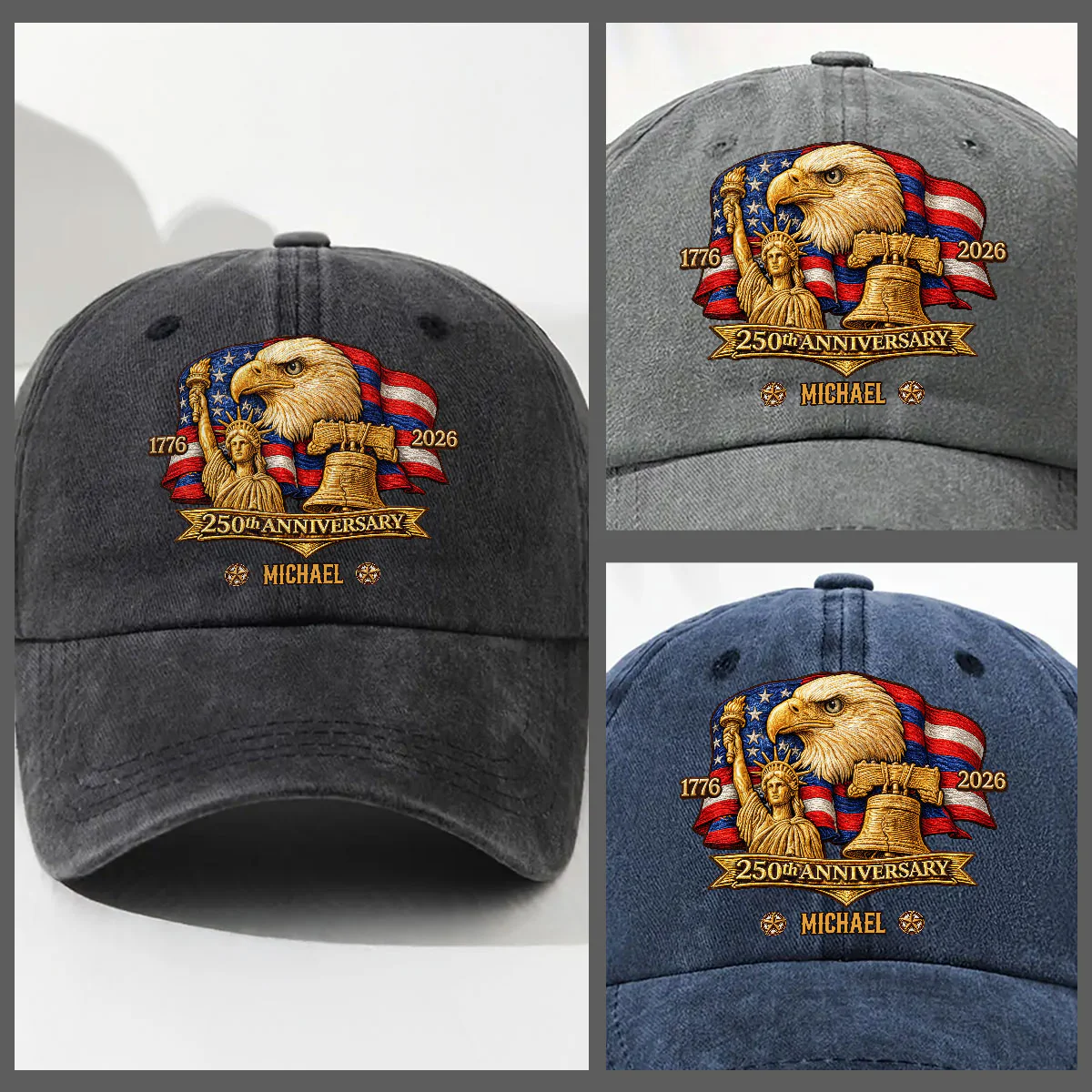 250 Years Of Freedom - Personalized Custom Vintage Washed Denim Cap - Image 3