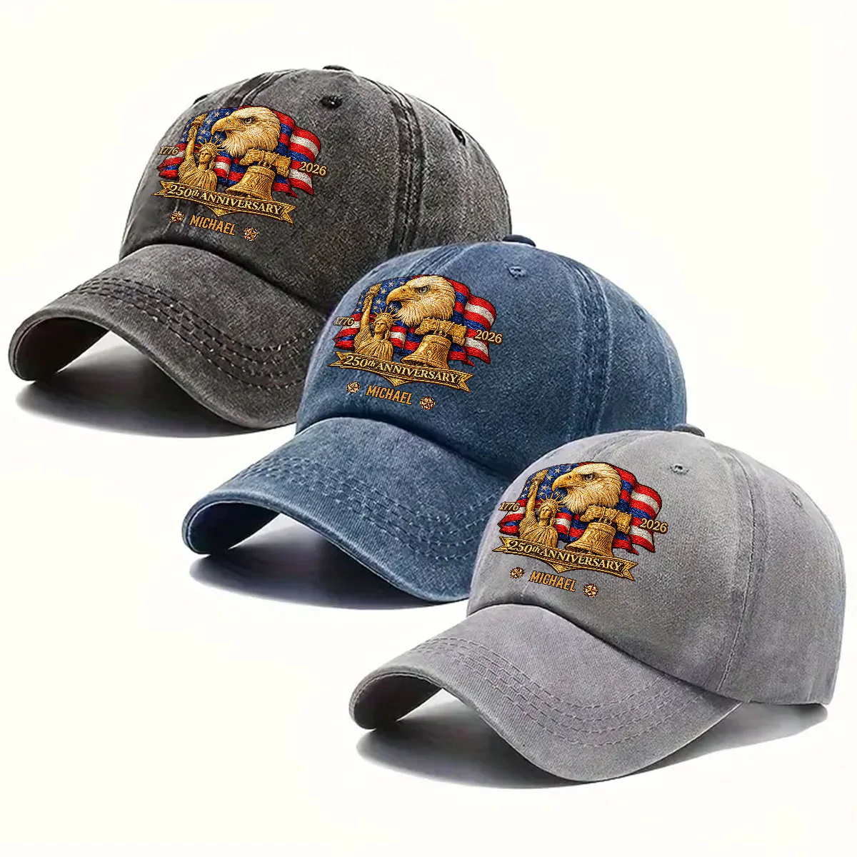 250 Years Of Freedom - Personalized Custom Vintage Washed Denim Cap - Image 4