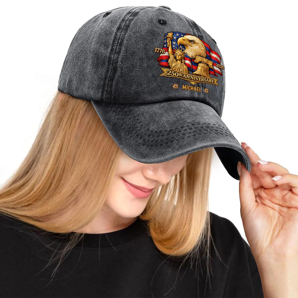 250 Years Of Freedom - Personalized Custom Vintage Washed Denim Cap - Image 5