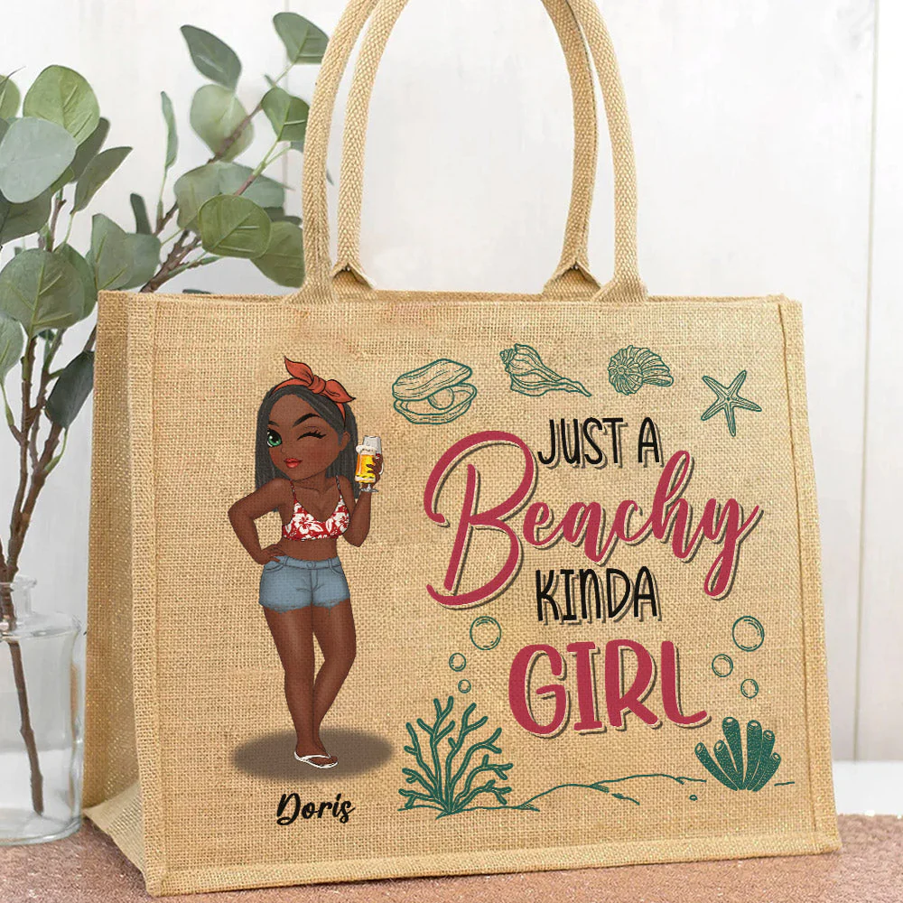A Beachy Kinda Girl - Personalized Custom Jute Tote Bag - Image 2