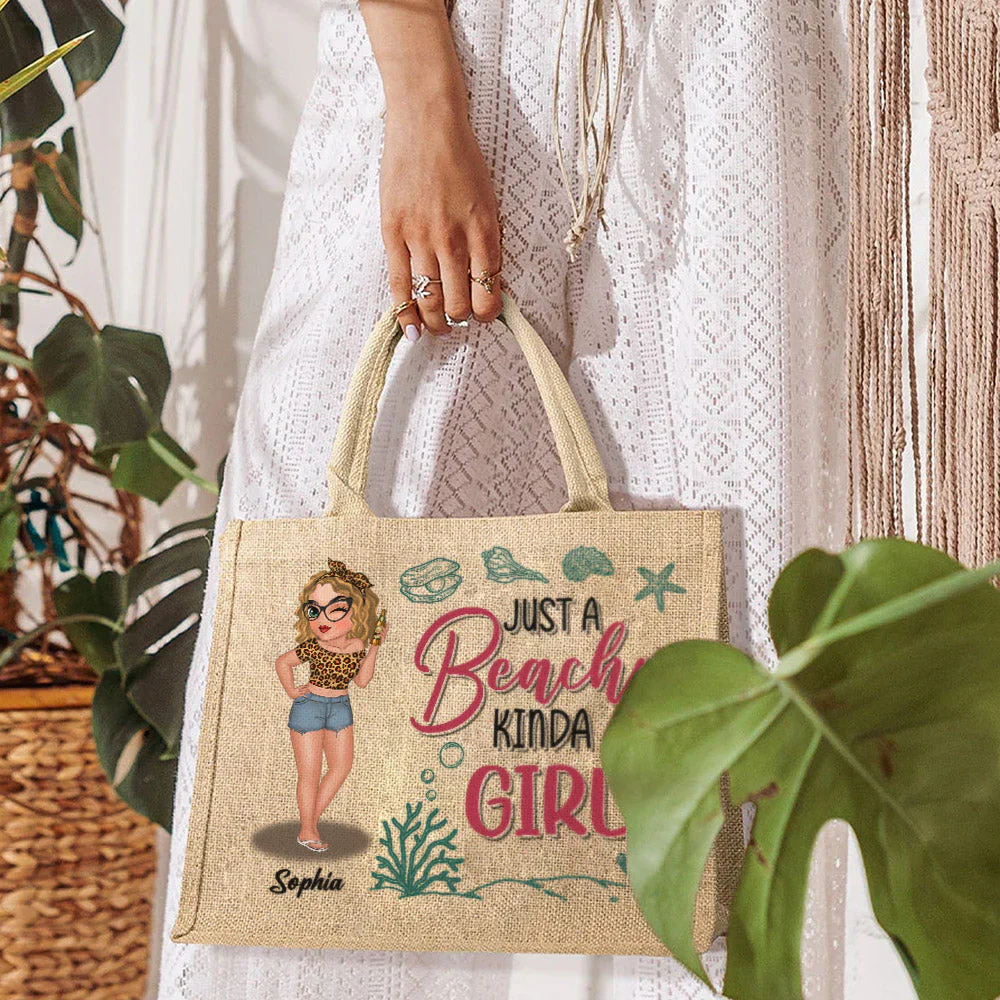 A Beachy Kinda Girl - Personalized Custom Jute Tote Bag - Image 3