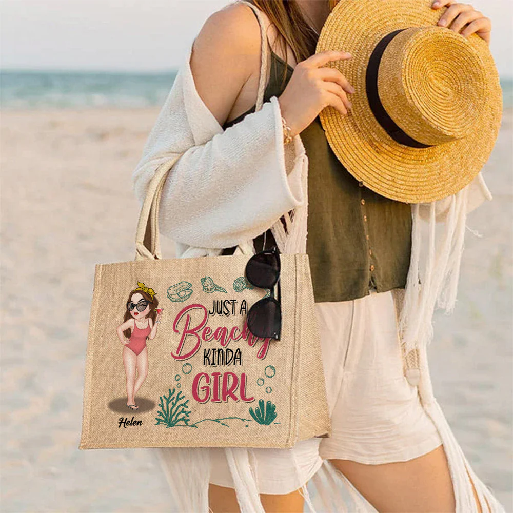 A Beachy Kinda Girl - Personalized Custom Jute Tote Bag - Image 5