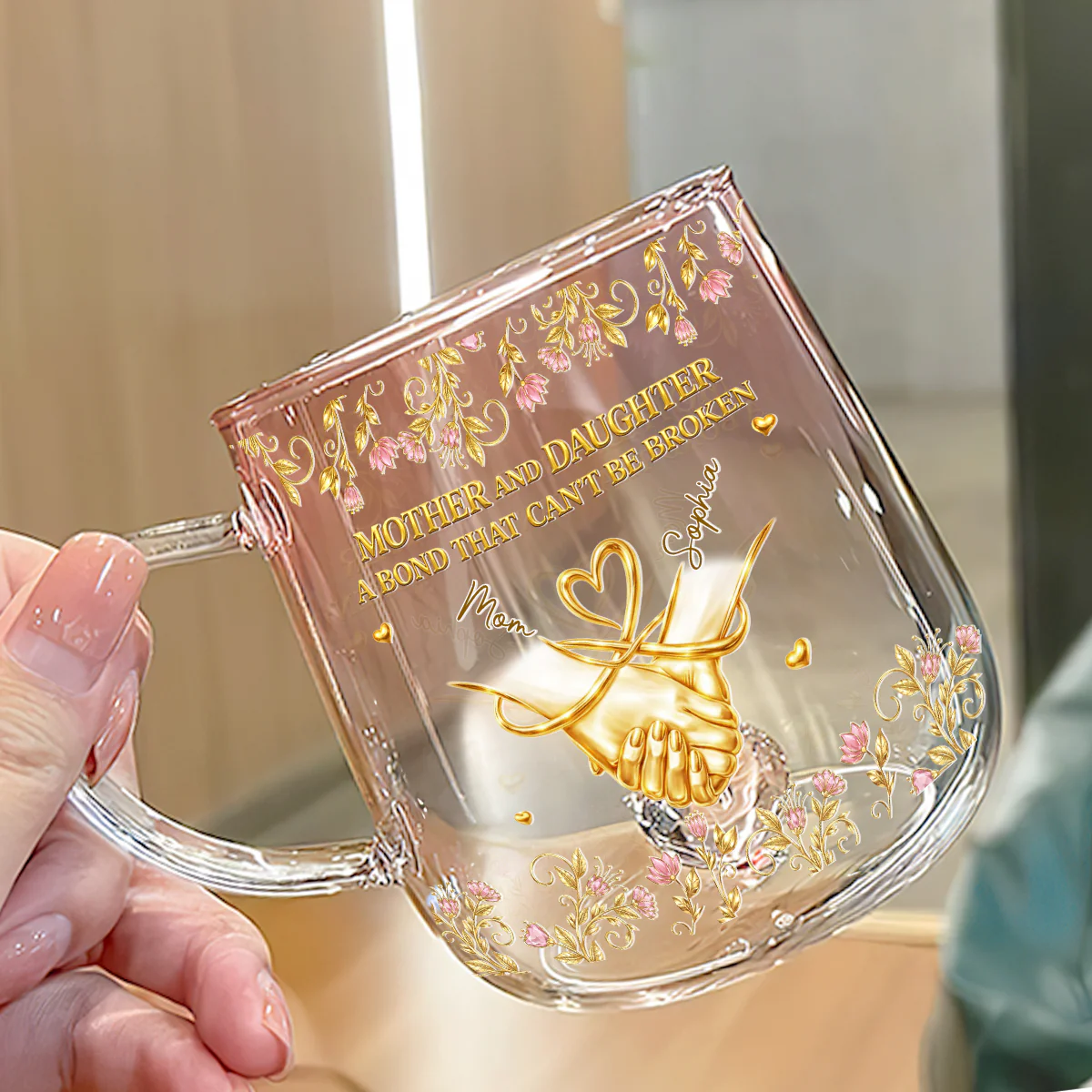 A Bond Between Mom And Daughter - Personalized Custom Pink Gradient Glass Mug - Image 2