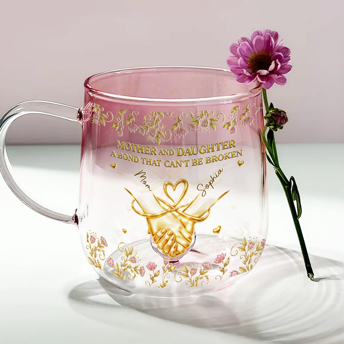 A Bond Between Mom And Daughter - Personalized Custom Pink Gradient Glass Mug - Image 3
