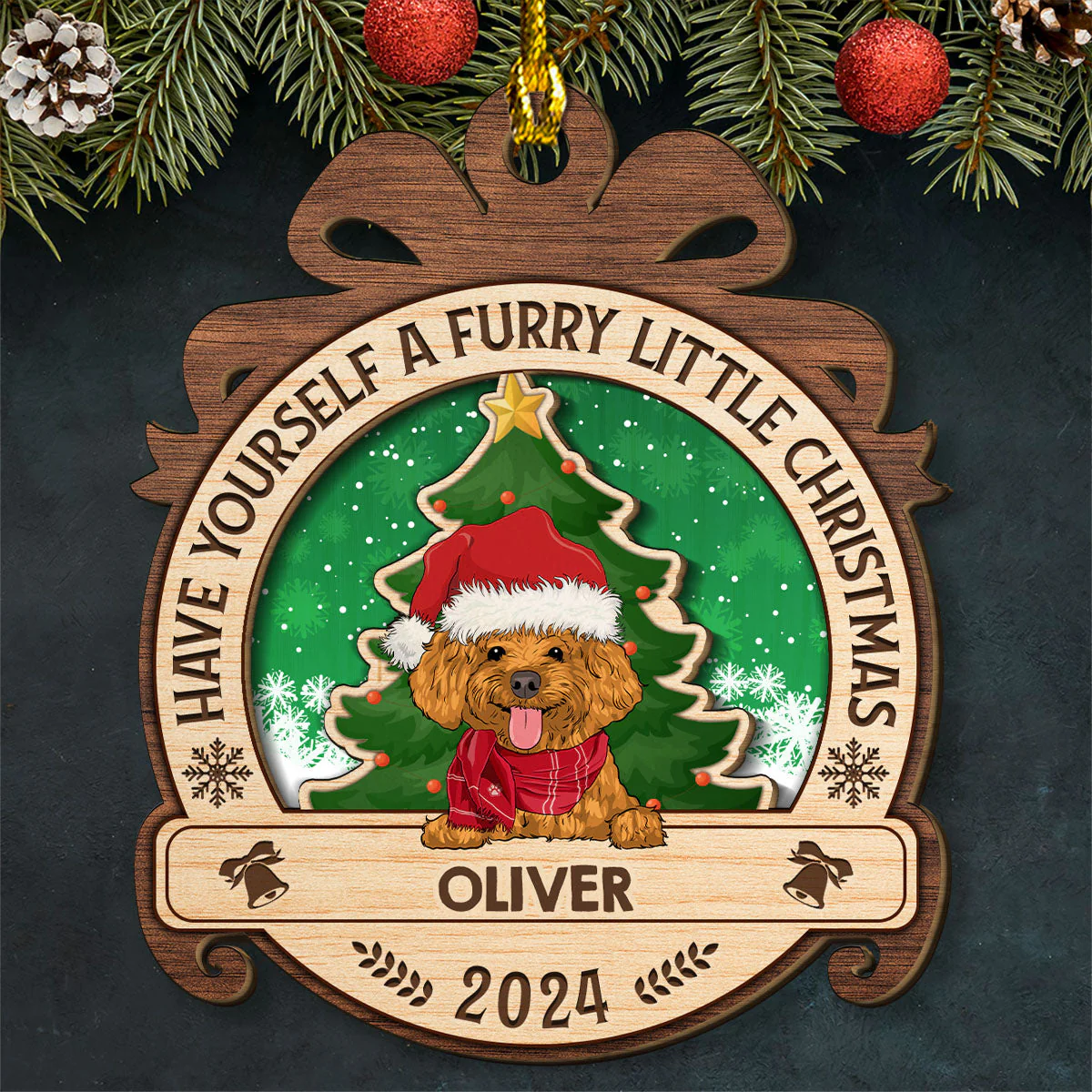 A Furry Little Christmas - Personalized Custom 2-layered Wood Ornament - Image 3