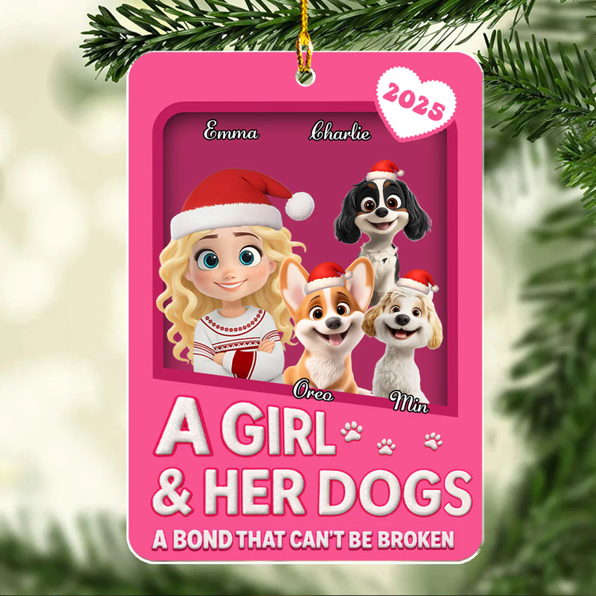 A Girl And Her Dogs Cartoonize Style - Personalized Custom Acrylic OrnamentĀ - Image 2