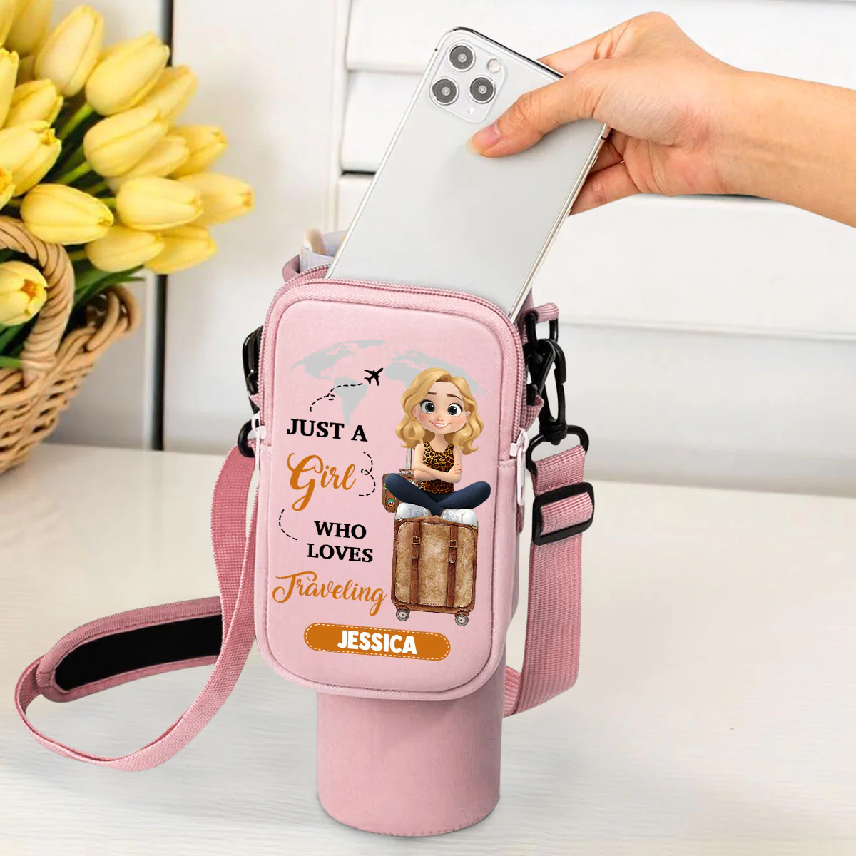 A Girl Loves Traveling - Personalized Custom 40oz Water Bottle Carrier Bag - Image 2