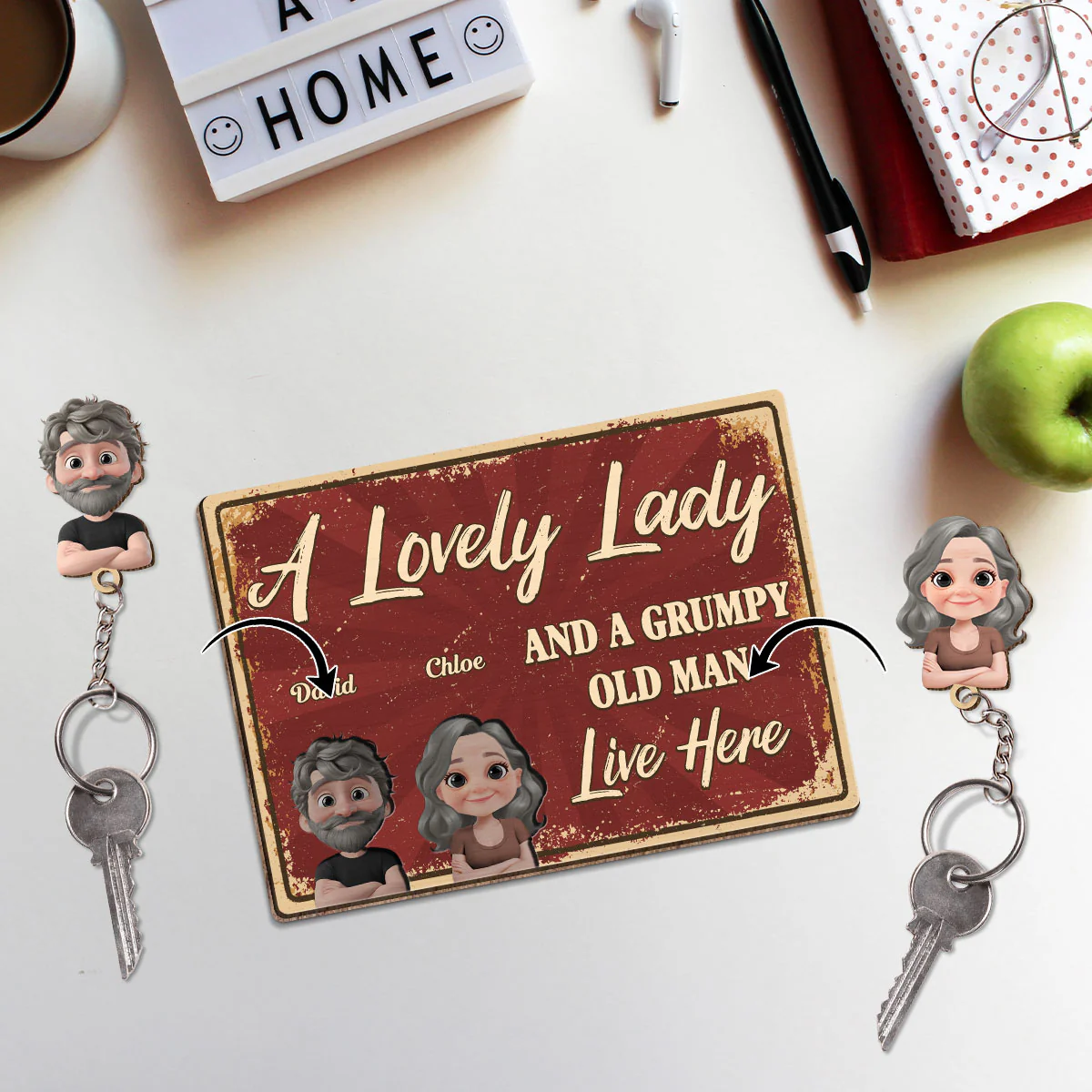A Lovely Lady And A Grumpy Man - Personalized Custom Wooden Key Holder With Keychain - Image 2