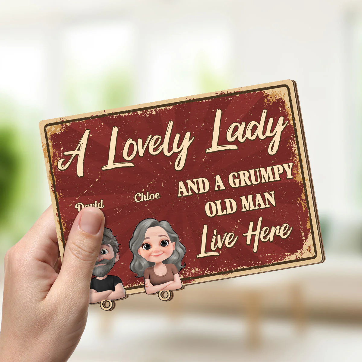 A Lovely Lady And A Grumpy Man - Personalized Custom Wooden Key Holder With Keychain - Image 4
