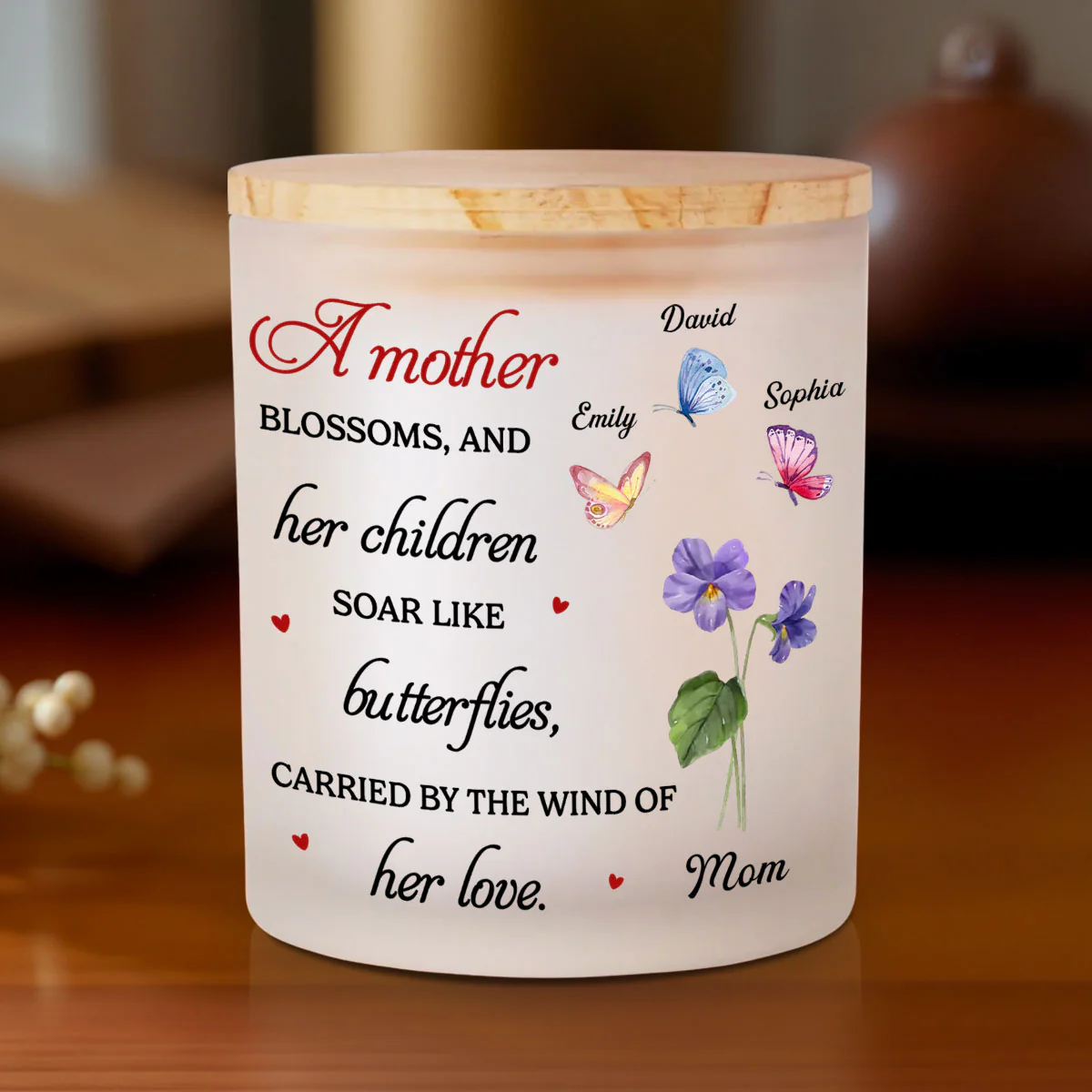 A Mother Blossoms - Personalized Custom Glass Jar With LED Candle - Image 2