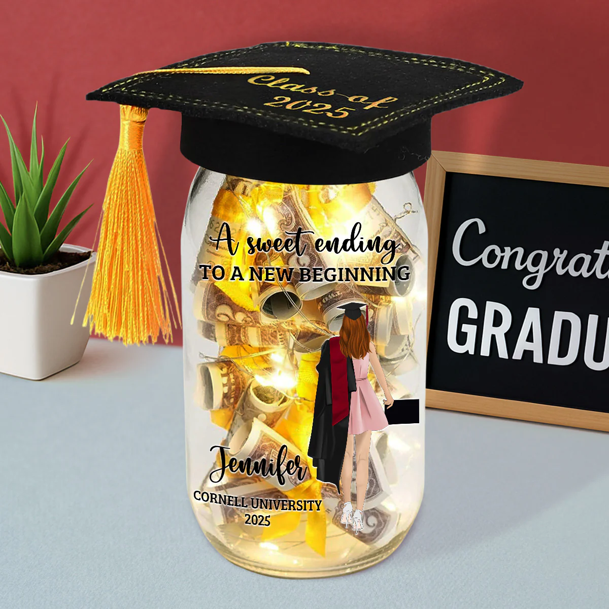 A Sweet Ending To A New Beginning - Personalized Custom Graduation Mason Jar Light - Image 2