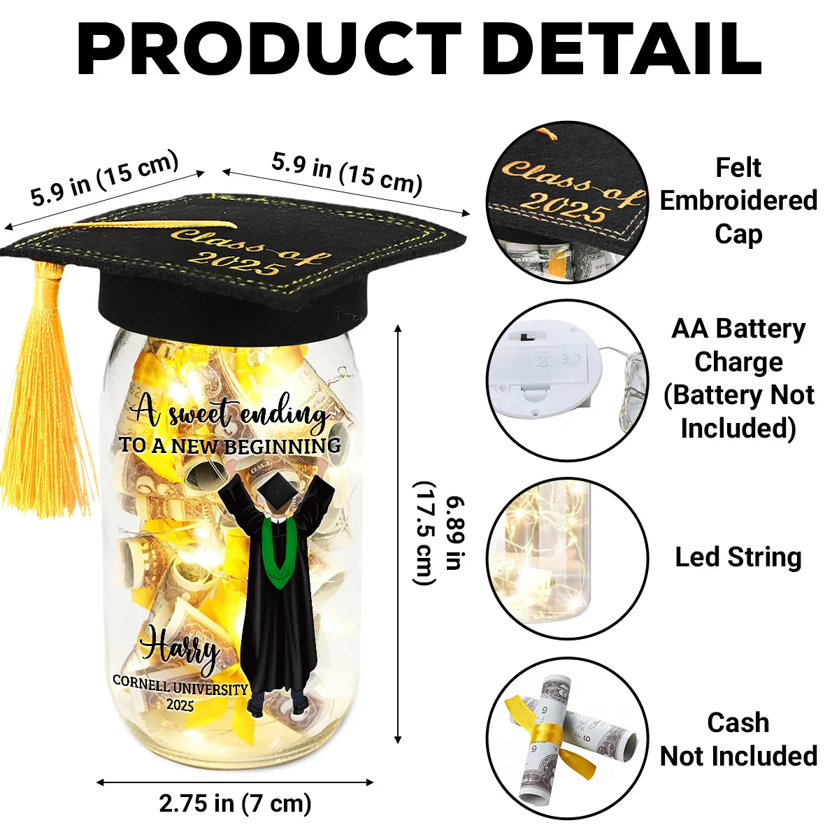 A Sweet Ending To A New Beginning - Personalized Custom Graduation Mason Jar Light - Image 5