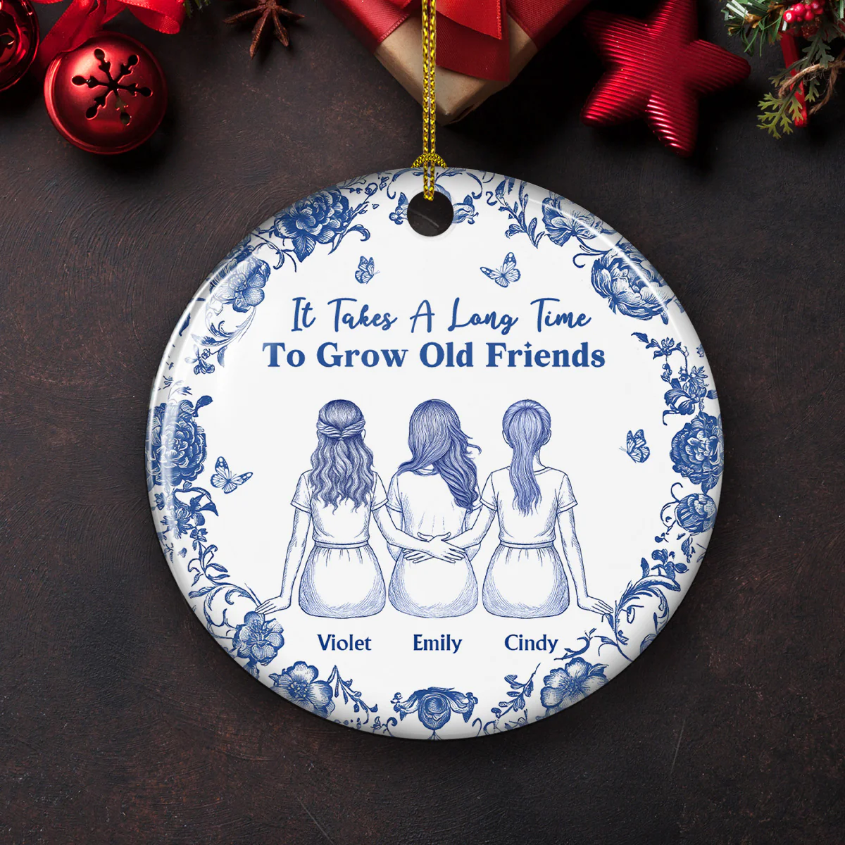 A True Friendship Blue Toile - Personalized Custom Ceramic Ornament - Image 3