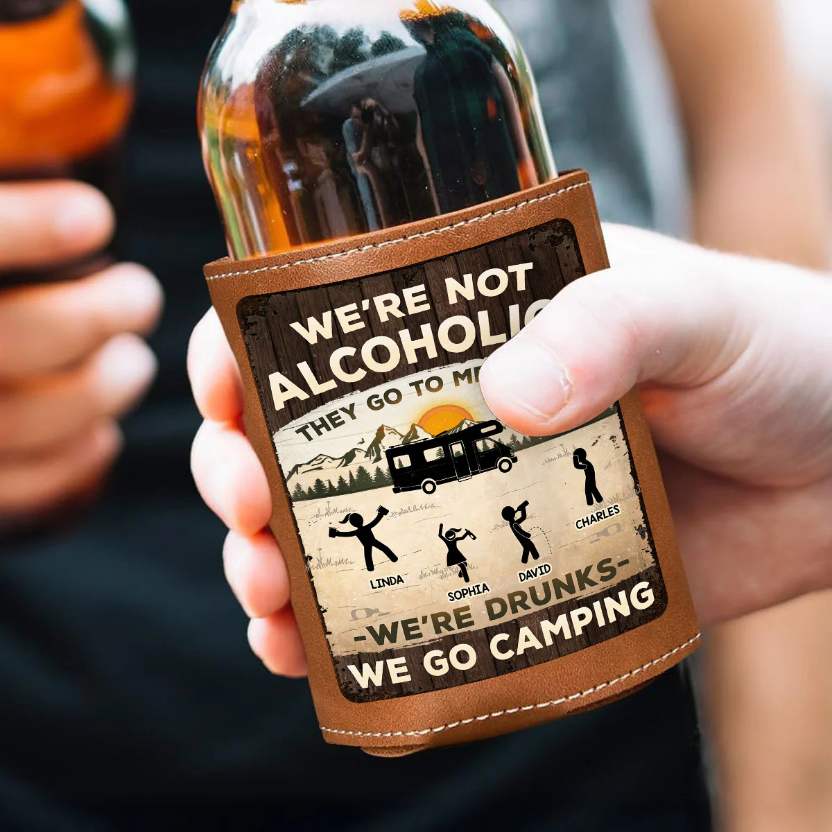 Alcoholics Go to Meetings We Go Camping - Personalized Custom Leather Can Cooler Holder - Image 2