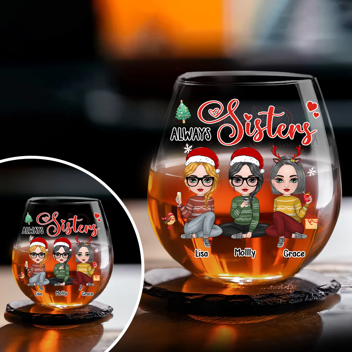 Always Sisters - Personalized Custom Wine Glass - Image 2