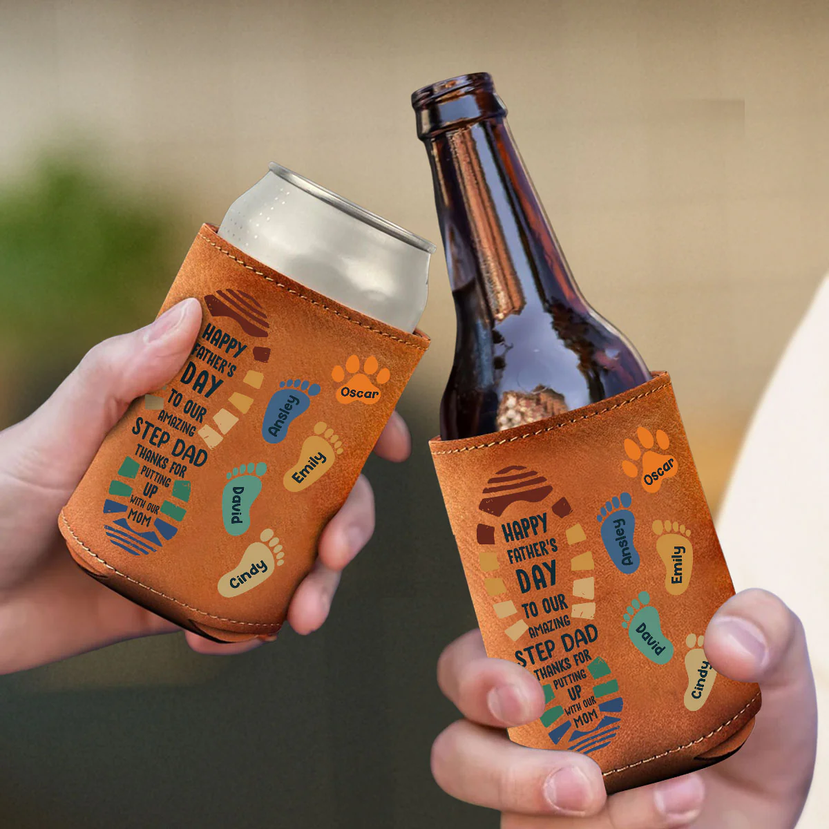 Amazing Step Dad - Personalized Custom Leather Can Cooler Holder - Image 3