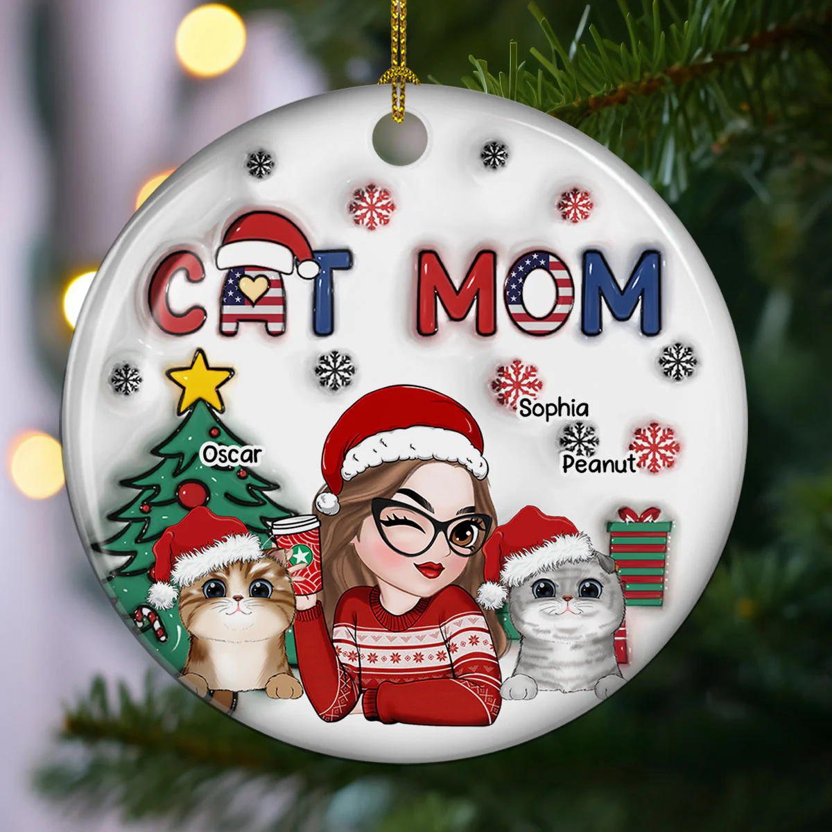 American Cat Mom Christmas - Personalized Custom 3D Inflated Effect Ceramic Ornament - Image 3