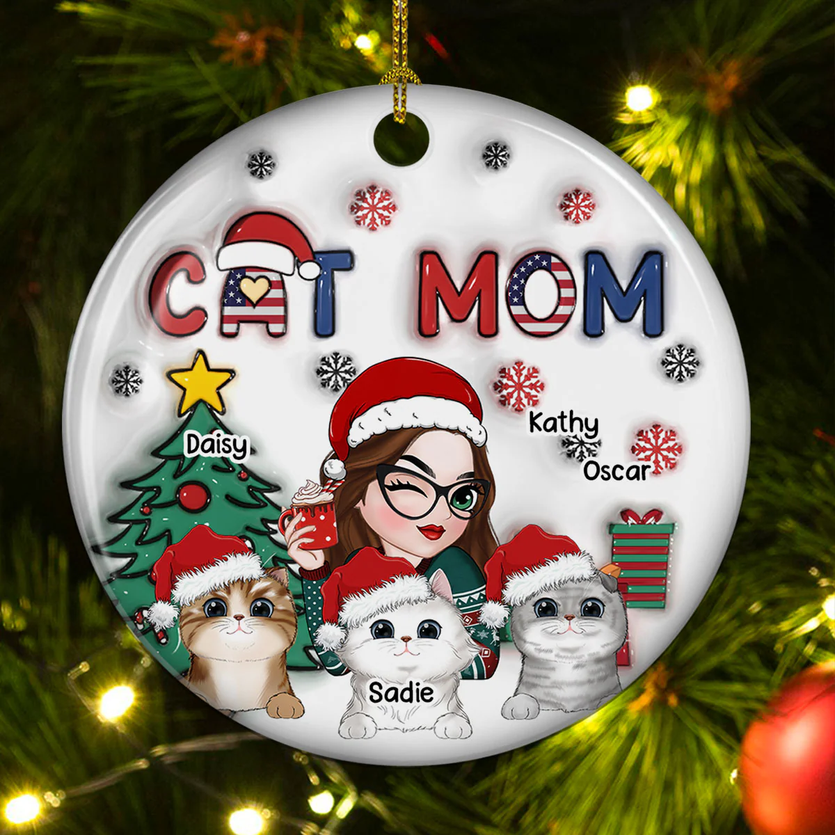 American Cat Mom Christmas - Personalized Custom 3D Inflated Effect Ceramic Ornament - Image 4