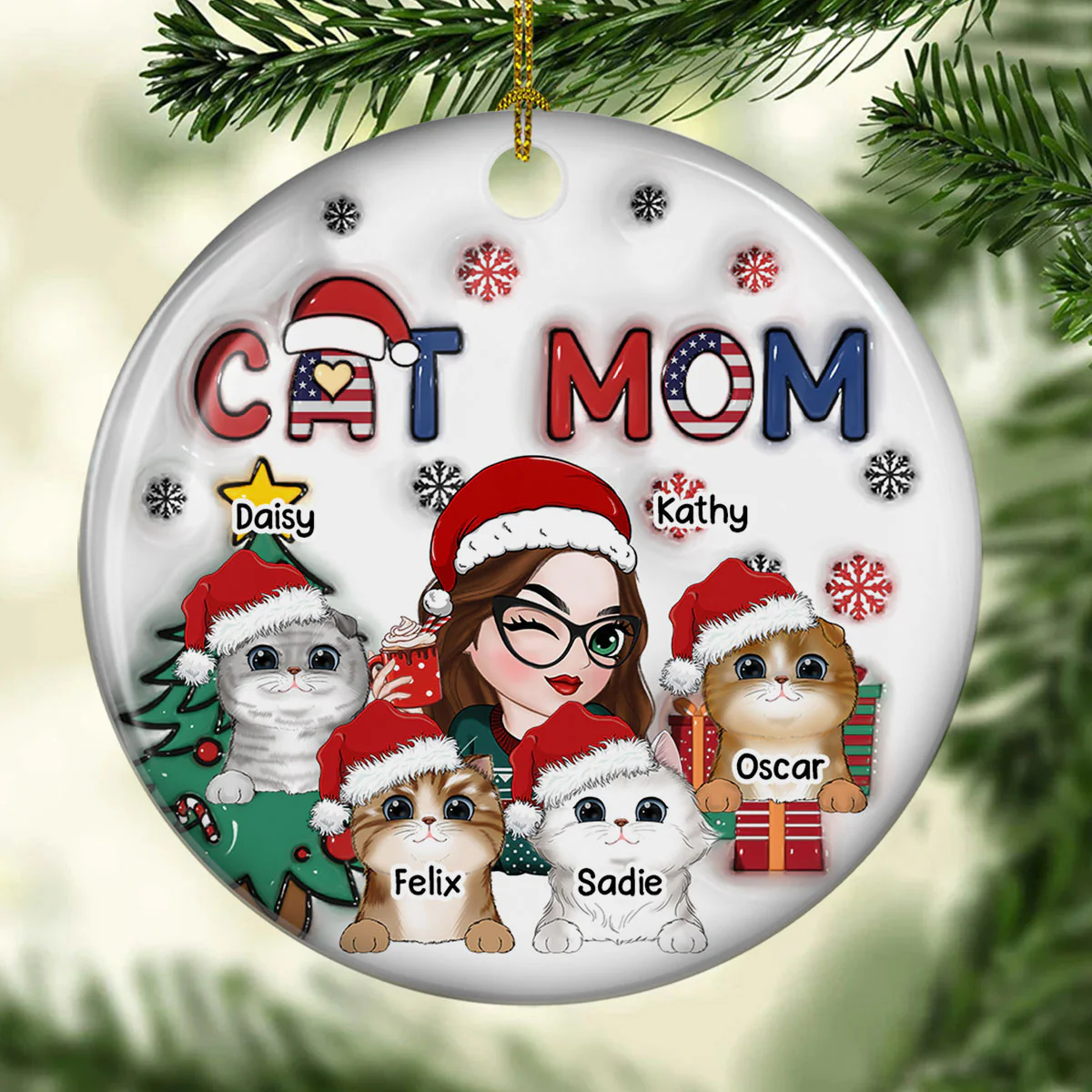 American Cat Mom Christmas - Personalized Custom 3D Inflated Effect Ceramic Ornament - Image 5