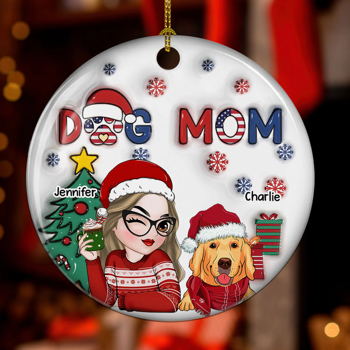 American Dog Mom Christmas - Personalized Custom 3D Inflated Effect Ceramic Ornament - Image 2