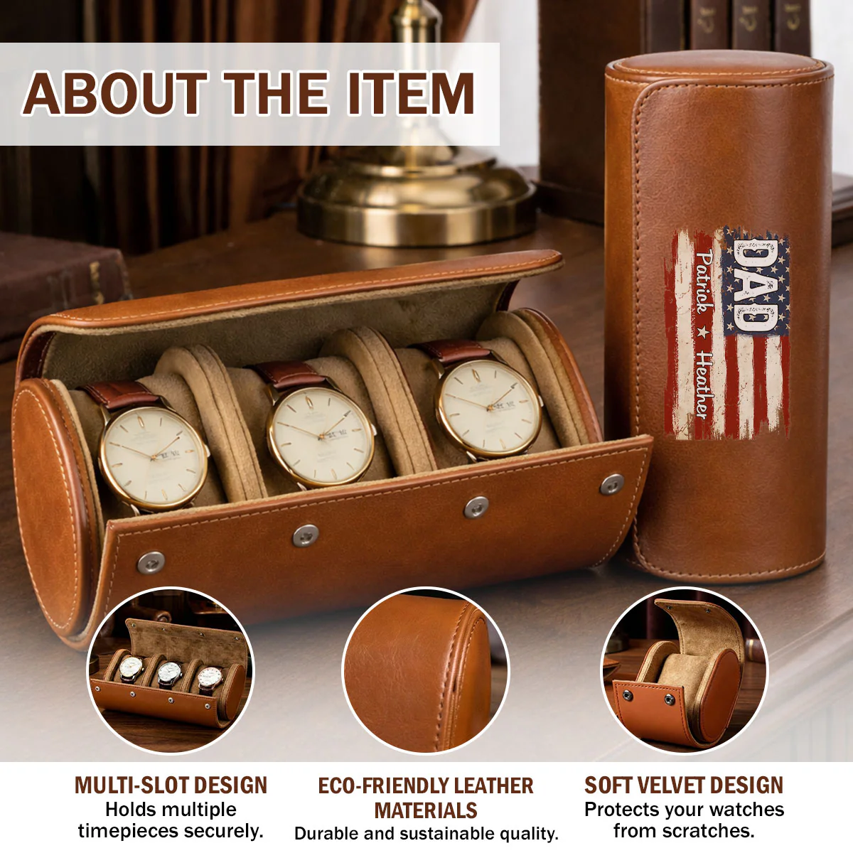 American Flag Name - Personalized Custom Leather Watch Case - Image 5