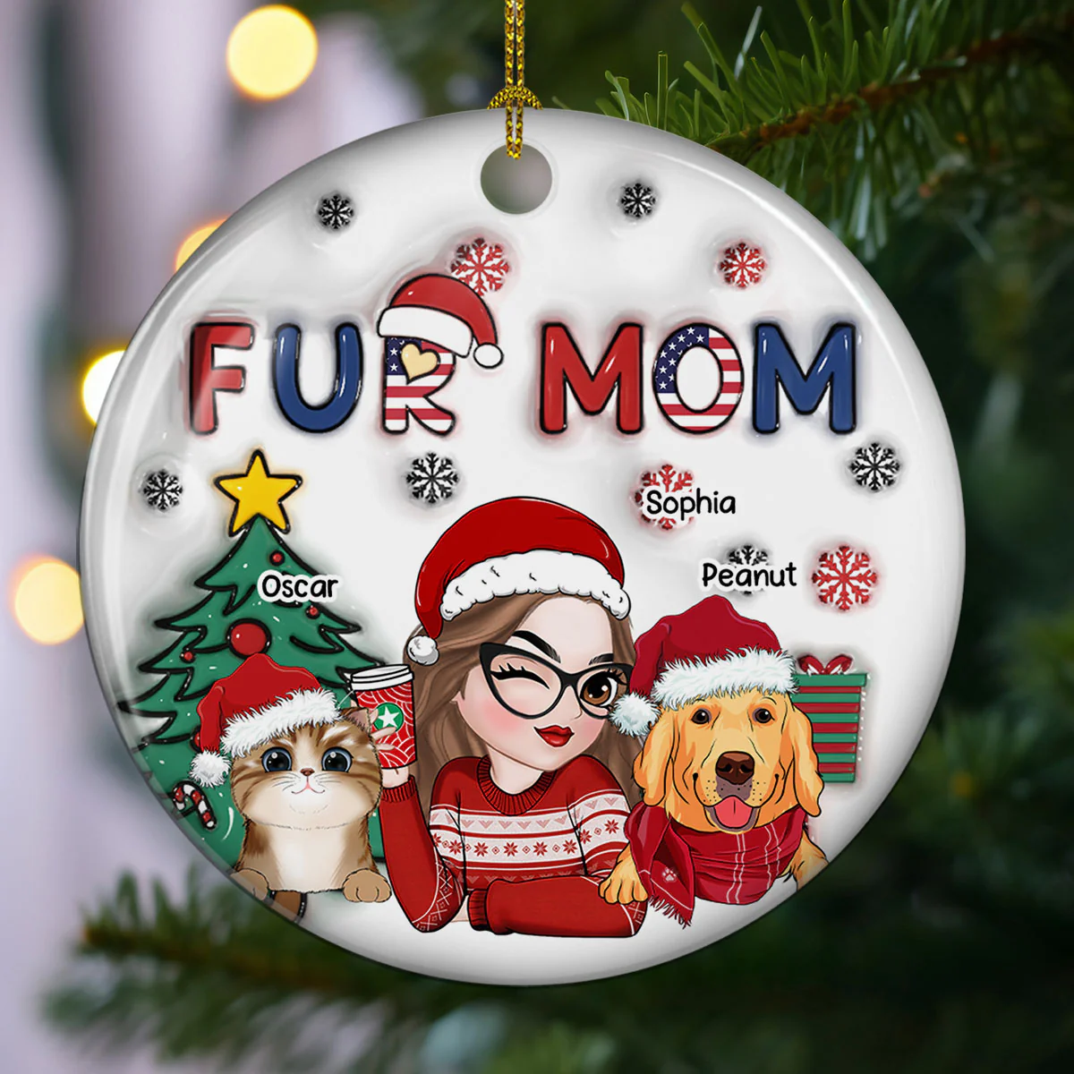 American Fur Mom Christmas - Personalized Custom 3D Inflated Effect Ceramic Ornament - Image 3