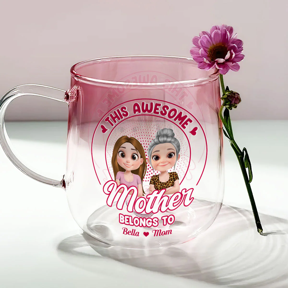 Awesome Mom Belongs To - Personalized Custom Pink Gradient Glass Mug - Image 3