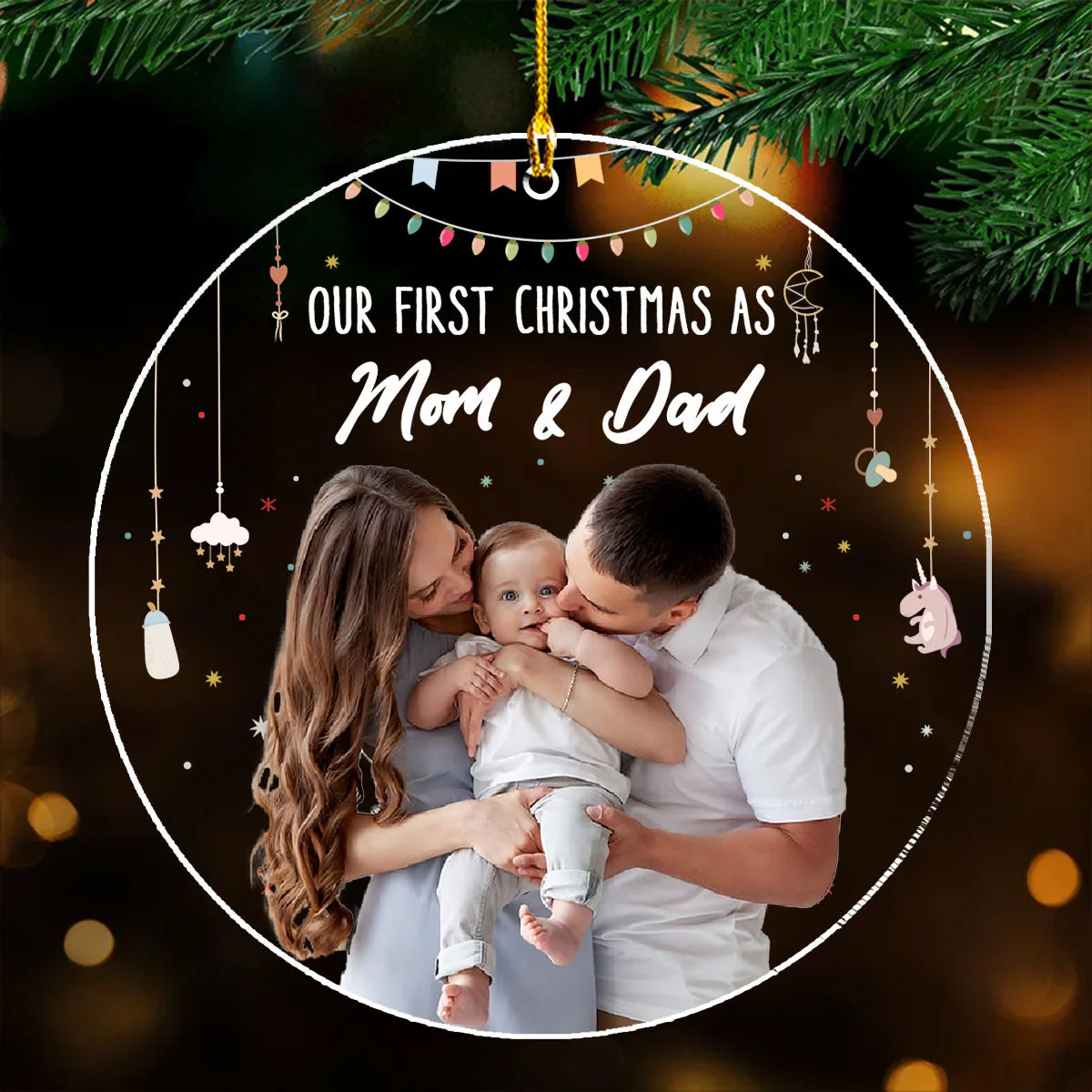 Baby First Christmas As A Family Of Three - Personalized Custom Acrylic Ornament - Image 2
