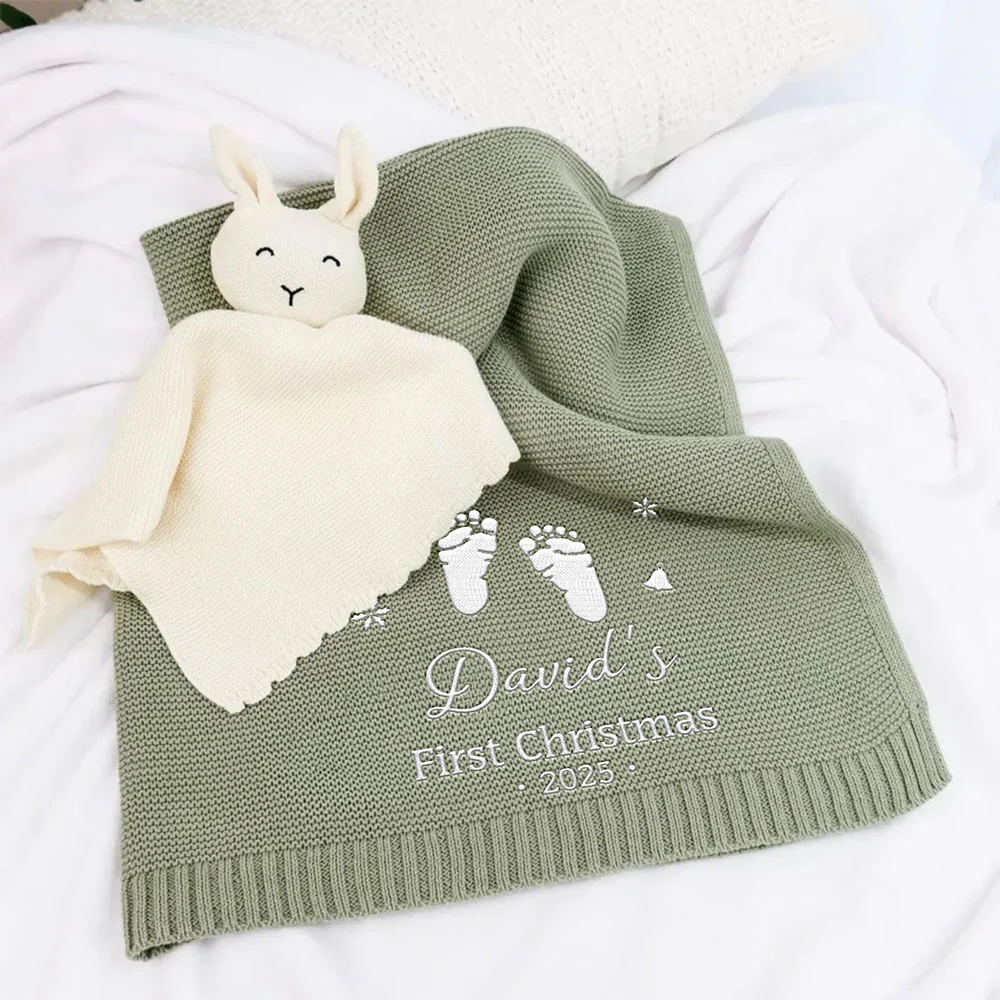 Baby First Christmas - Personalized Custom Embroidered Knitted Baby Blanket - Image 3
