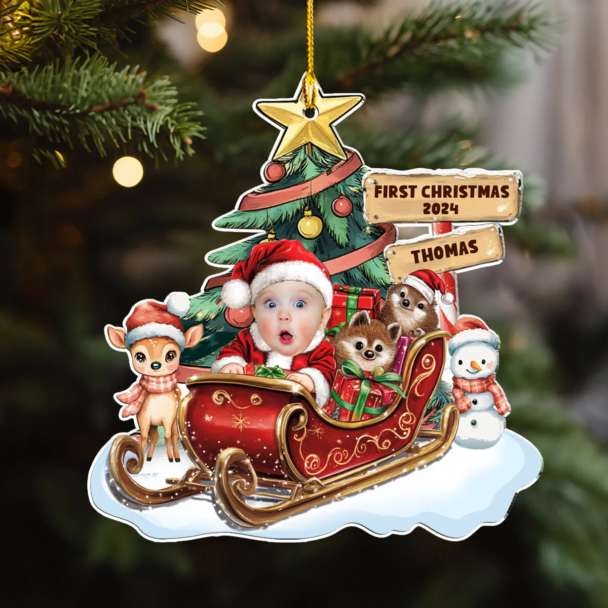 Baby In A Christmas Sleigh - Personalized Custom Acrylic Ornament - Image 2