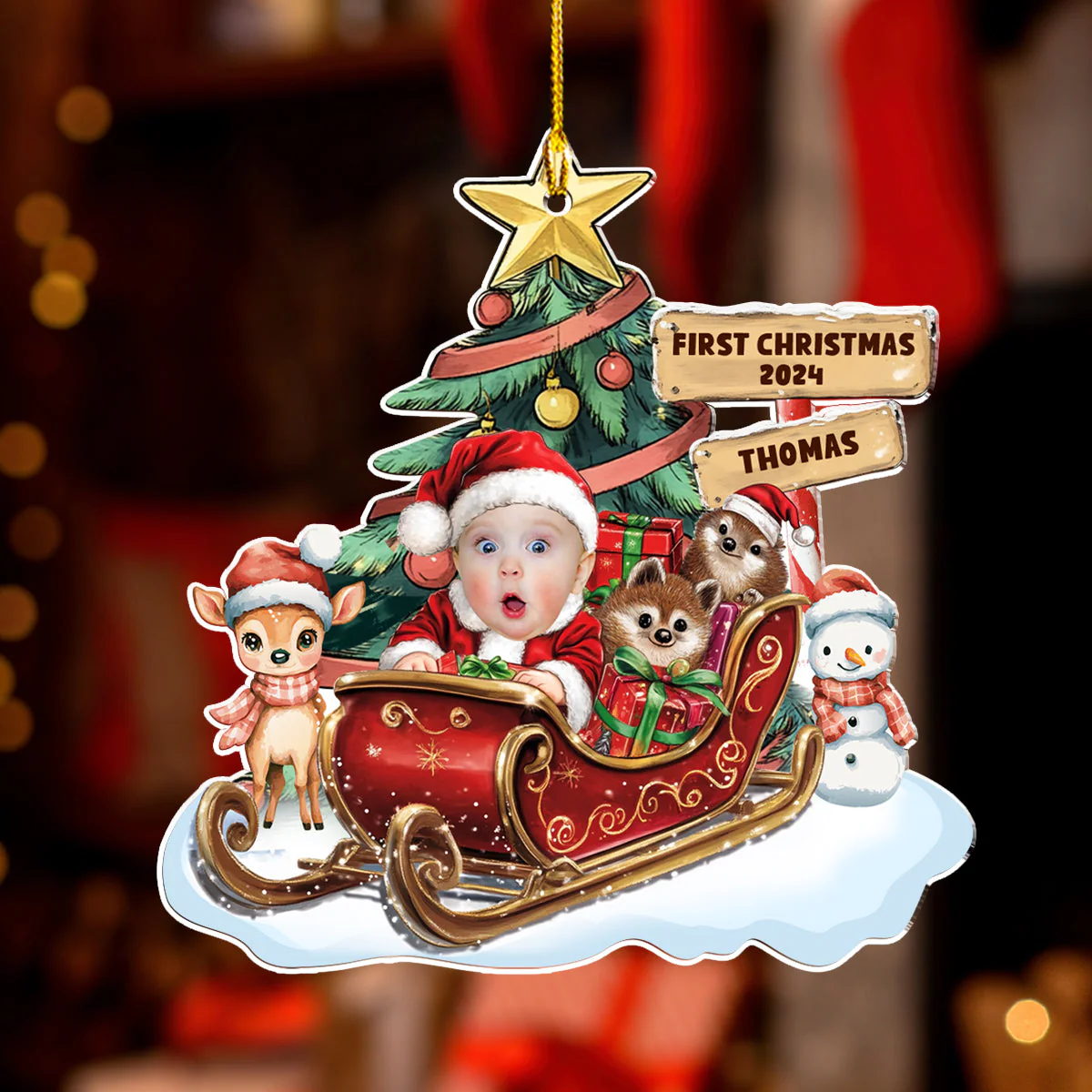 Baby In A Christmas Sleigh - Personalized Custom Acrylic Ornament - Image 3