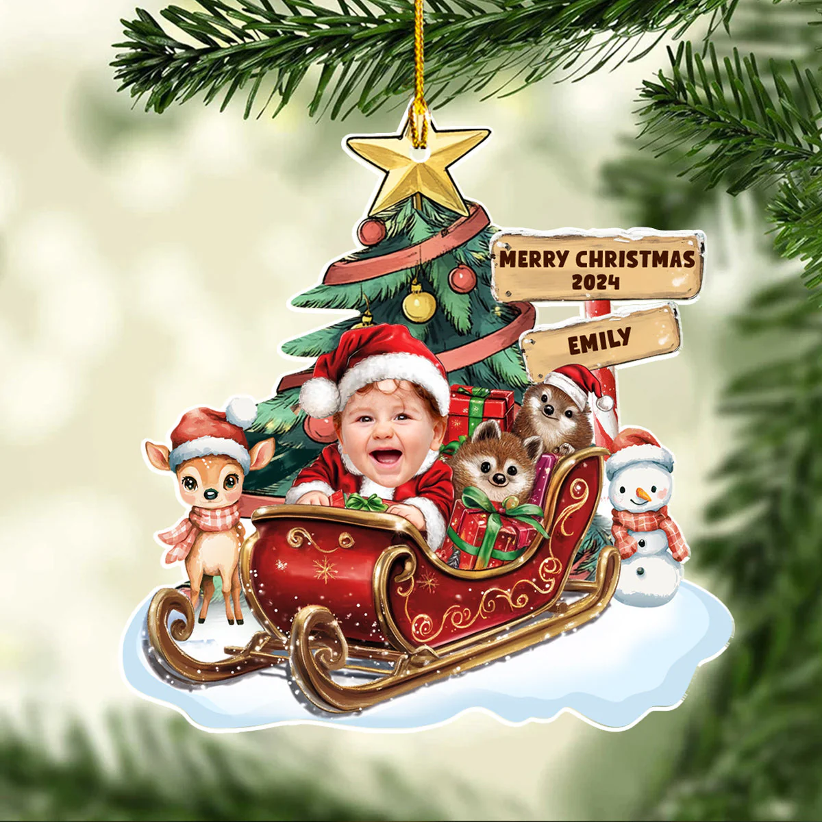 Baby In A Christmas Sleigh - Personalized Custom Acrylic Ornament - Image 4