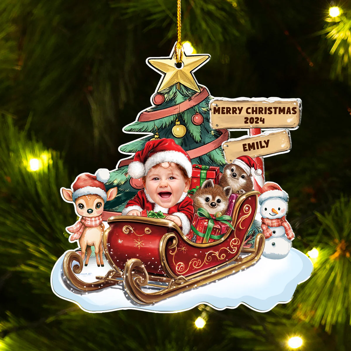 Baby In A Christmas Sleigh - Personalized Custom Acrylic Ornament - Image 5