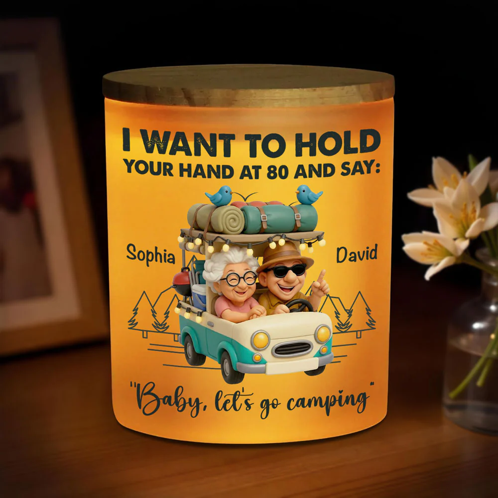Baby Lets Go Camping - Personalized Custom Glass Jar With LED Candle