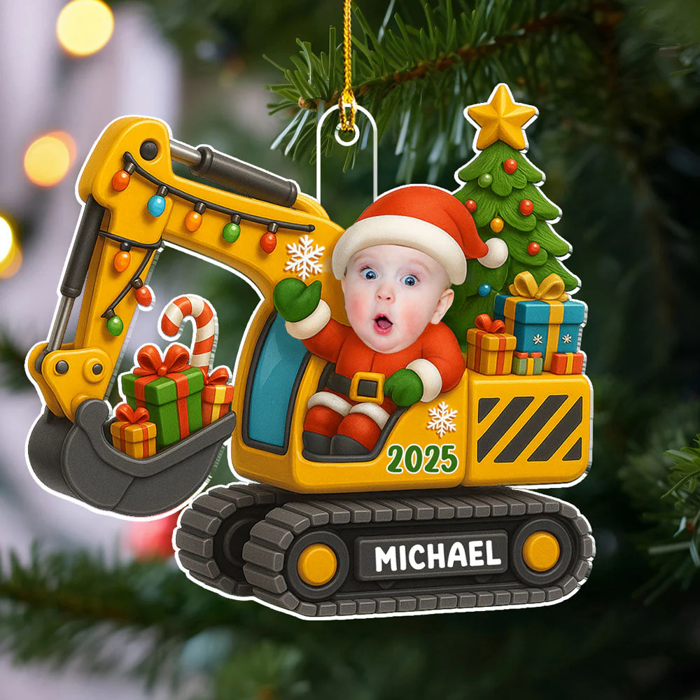 Baby On Excavator - Personalized Custom Acrylic Ornament - Image 2
