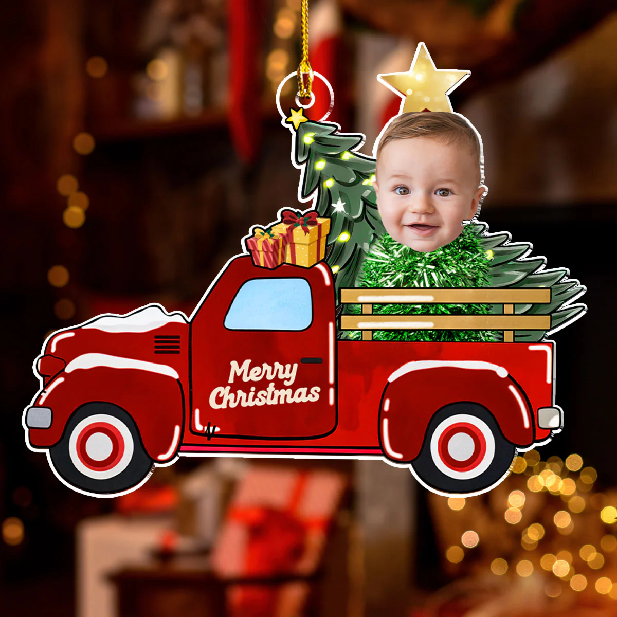Baby On Red Truck - Personalized Custom Acrylic Ornament - Image 3