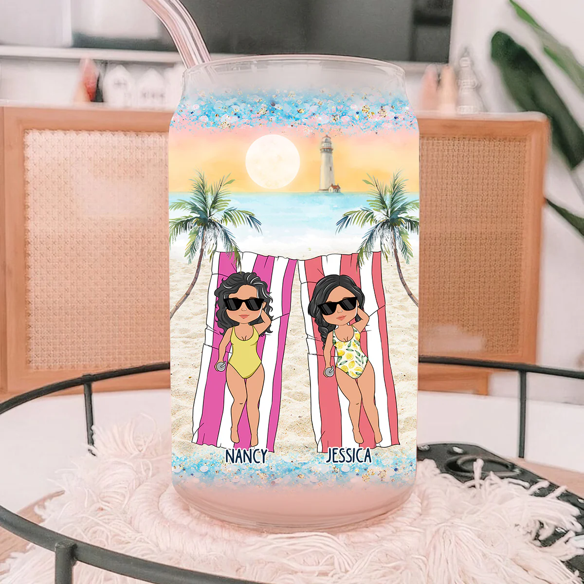 Beach Vibes and My Bestie By My Side - Personalized Custom Glass Can - Image 3