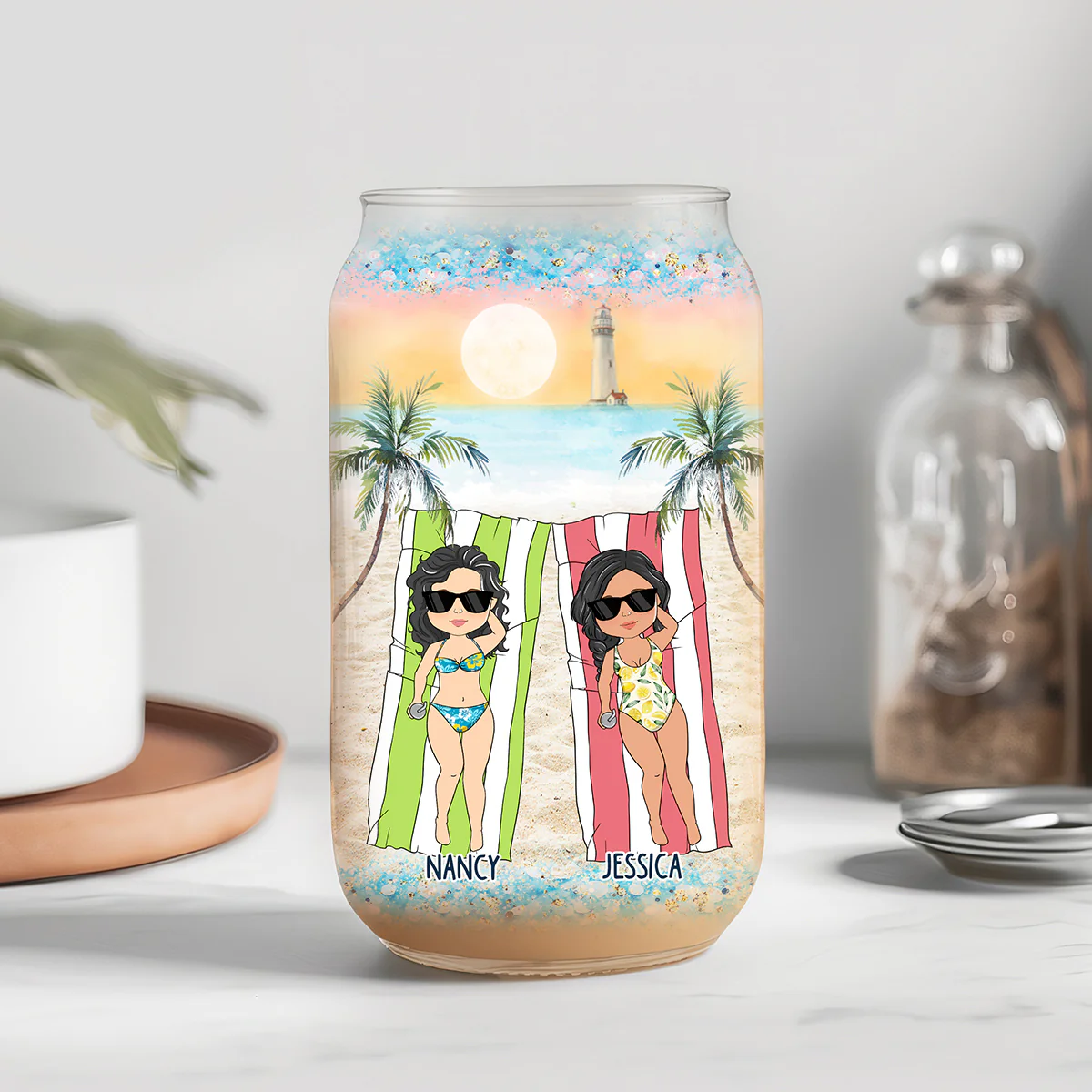 Beach Vibes and My Bestie By My Side - Personalized Custom Glass Can - Image 6