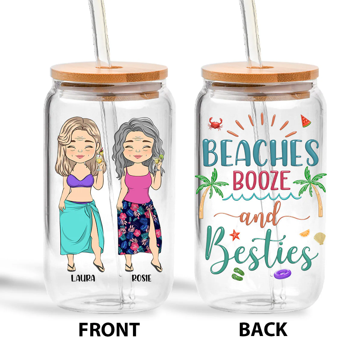 Beaches Booze And Besties - Personalized Custom Glass Can - Image 2