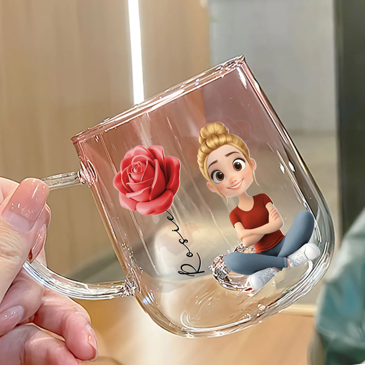 Beautiful Floral Girl - Personalized Custom Pink Gradient Glass Mug - Image 2