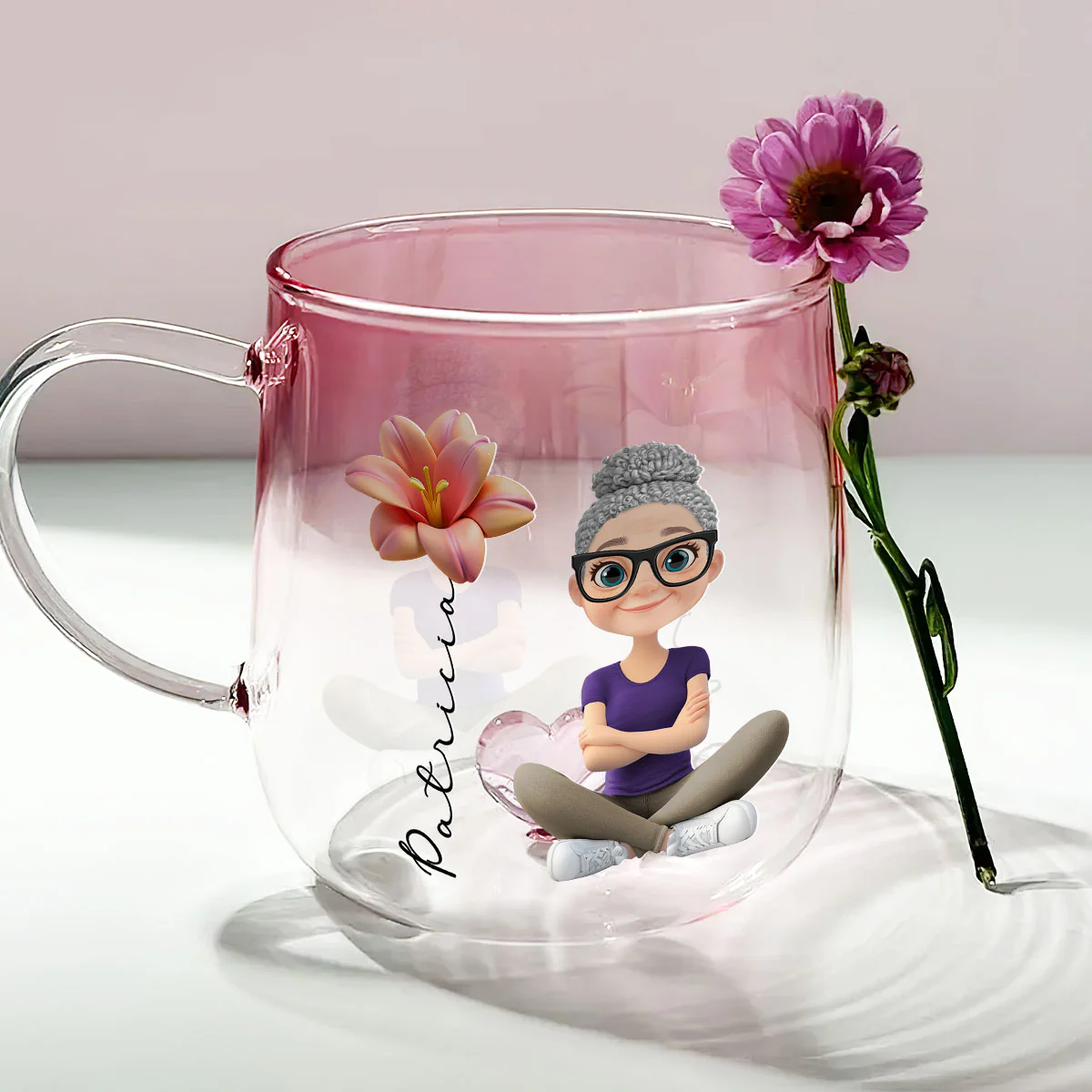 Beautiful Floral Girl - Personalized Custom Pink Gradient Glass Mug - Image 3