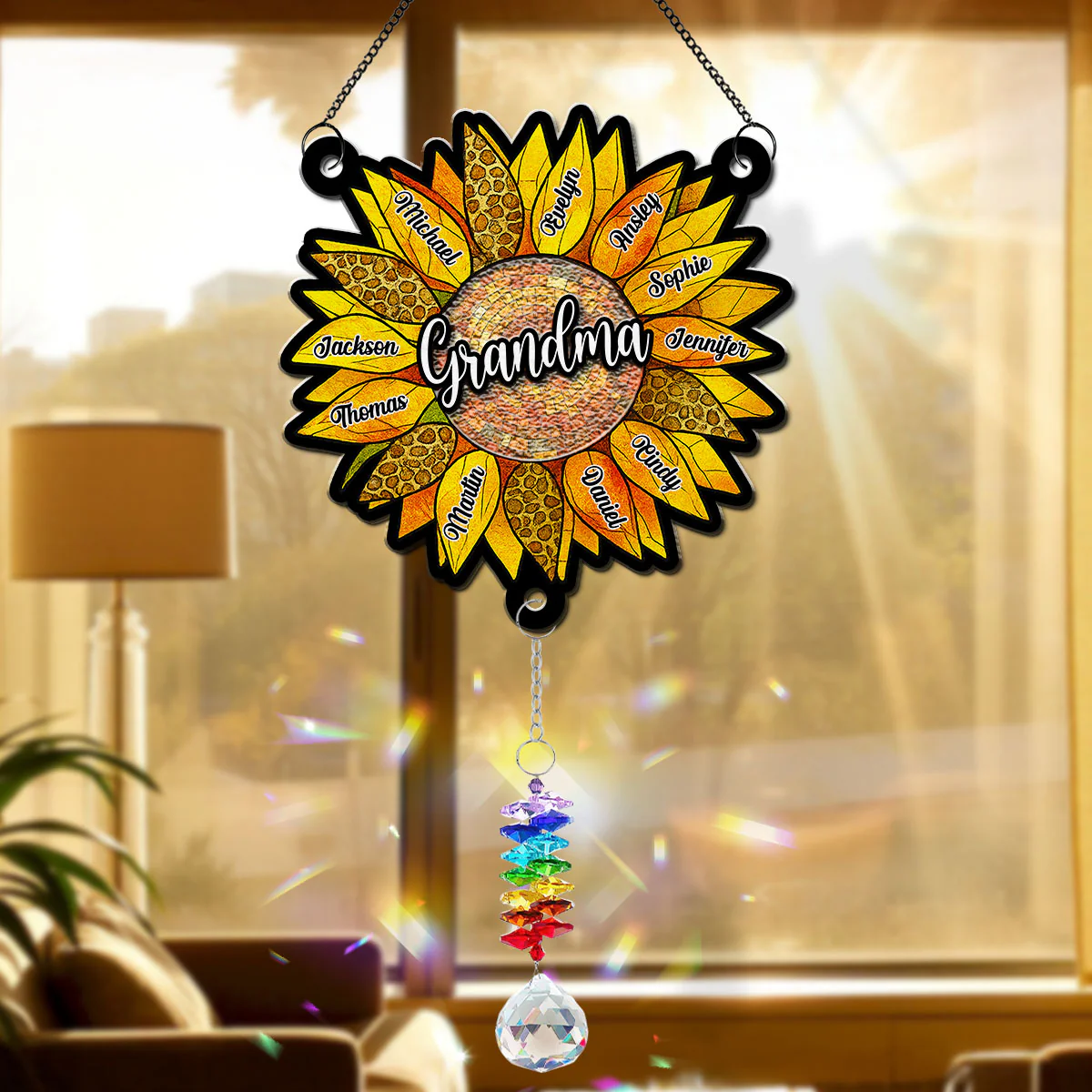 Beautiful Sunflower Grandma - Personalized Custom Suncatcher With Crystal Rainbow Charm - Image 4