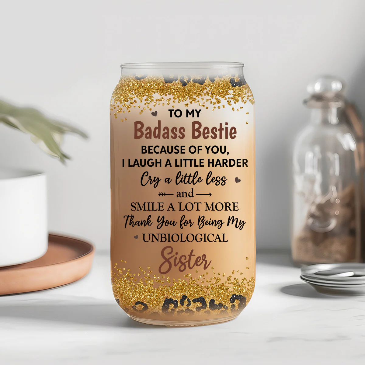 Because Of You I Laugh A Little Harder - Personalized Custom Glass Can - Image 4