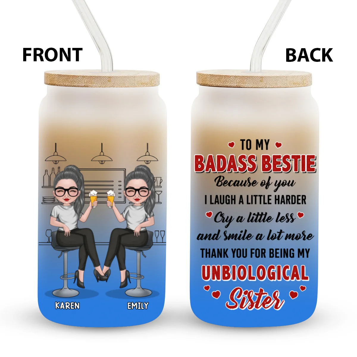 Because Of You I Laugh A Little Harder - Personalized Custom Ombre Frosted Glass Can - Image 6