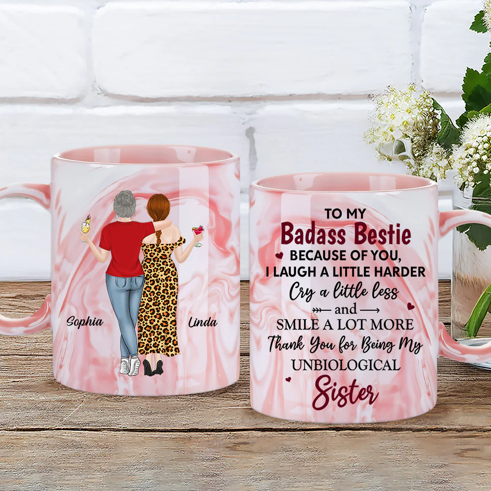 Because Of You I Laugh A Little Harder - Personalized Custom Pink Marble Mug - Image 2